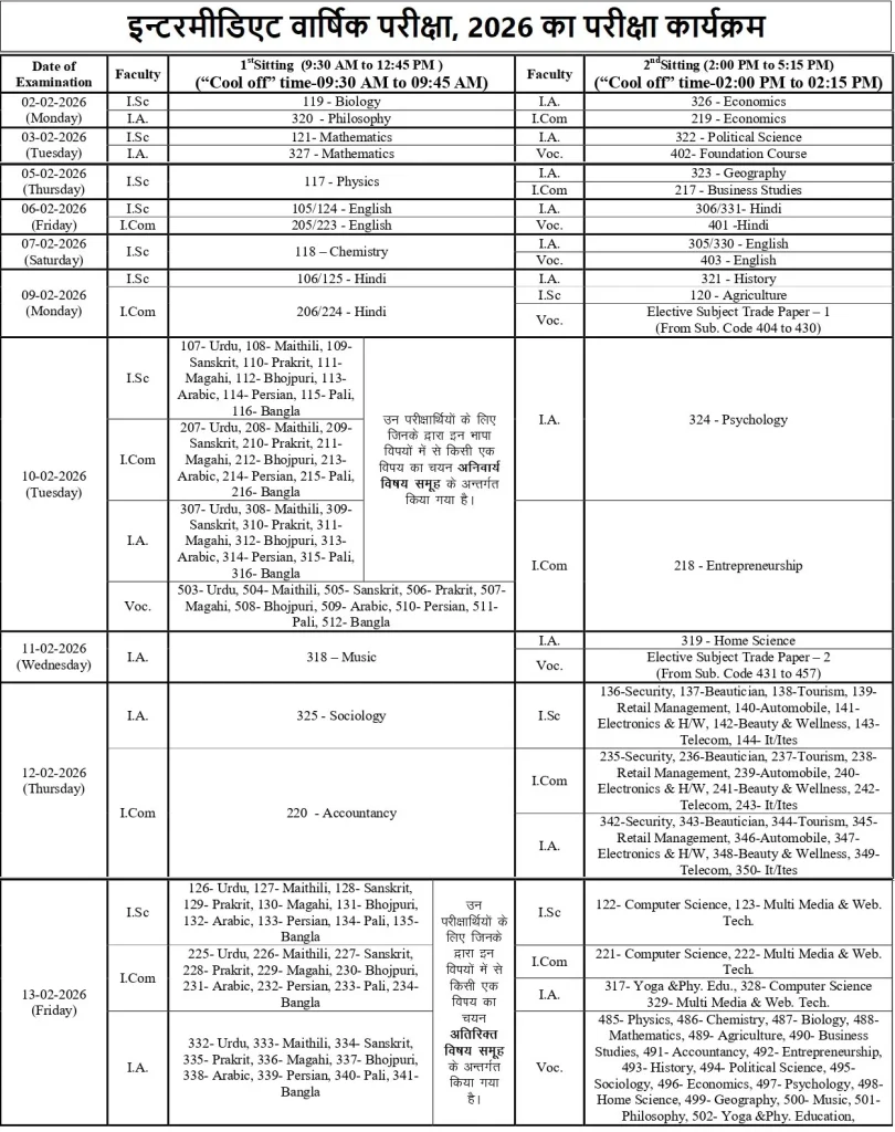 bseb class 12th exam date 2026 bihar board